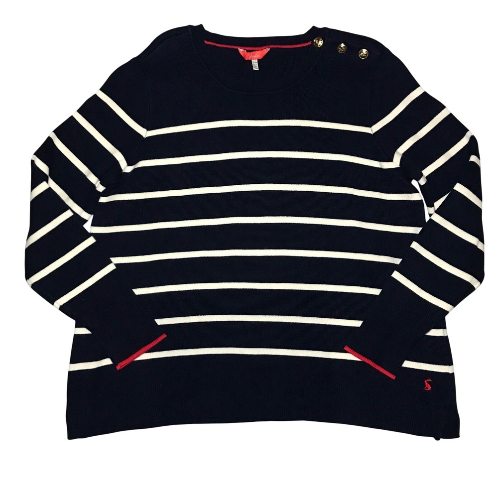Joules Portlow Navy White Striped Sweater Gold Anchor Button Multi US 12 213837